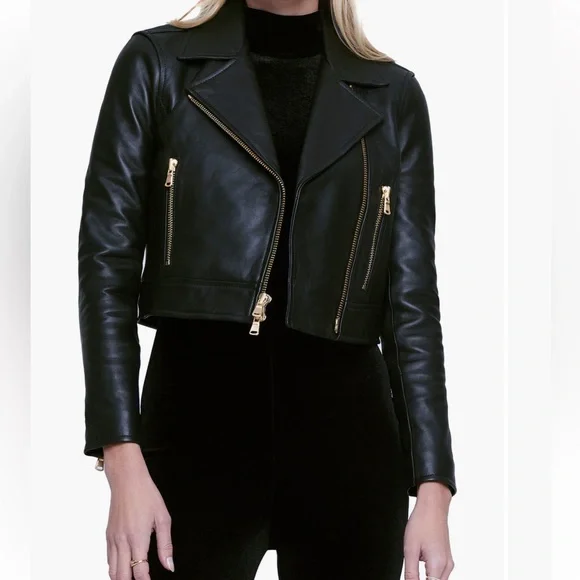 🌟NWT L’AGENCE ONNA BLACK LEATHER CROP BIKER JACKET SIZE XL - Picture 4 of 14